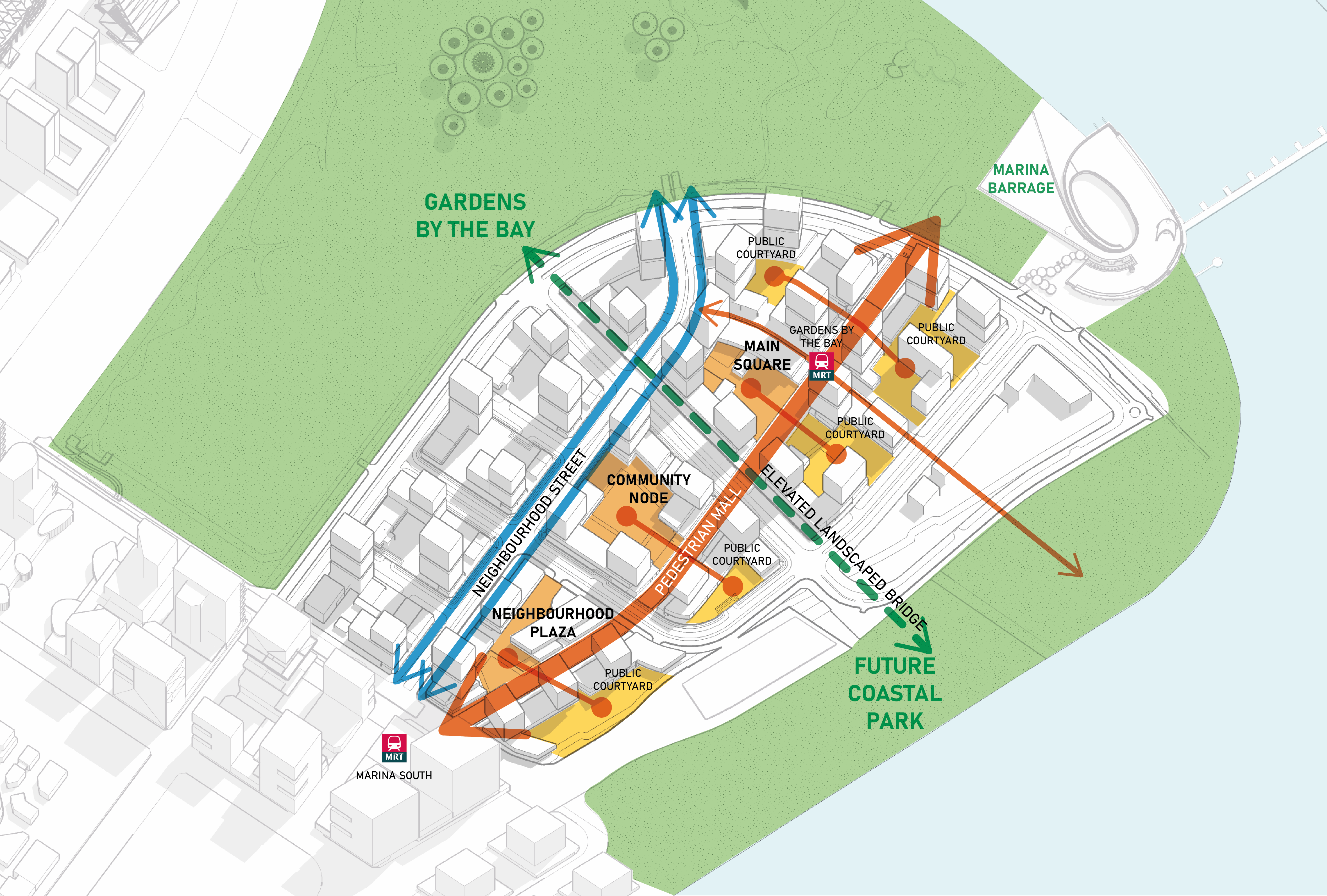An illustrated plan view of a neighborhood showing pedestrian routes, parks, and the Marina Barrage.